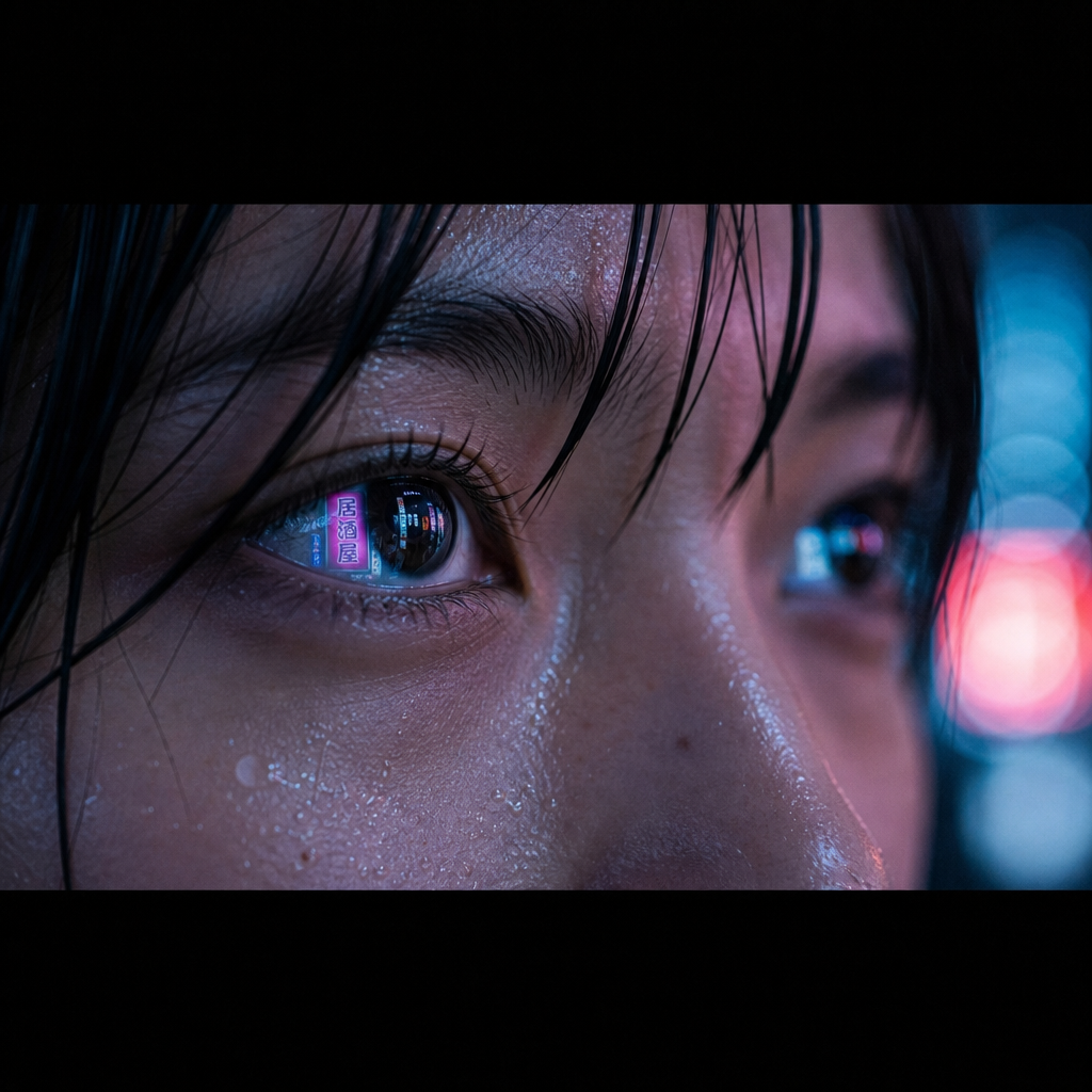 Cinematic still frame 3 of 4, extreme close-up of the same woman's eyes reflecting magenta and cyan neon signs, shallow depth of field, single highlight catch in iris, wet skin from drizzle, 16:9 letterbox.