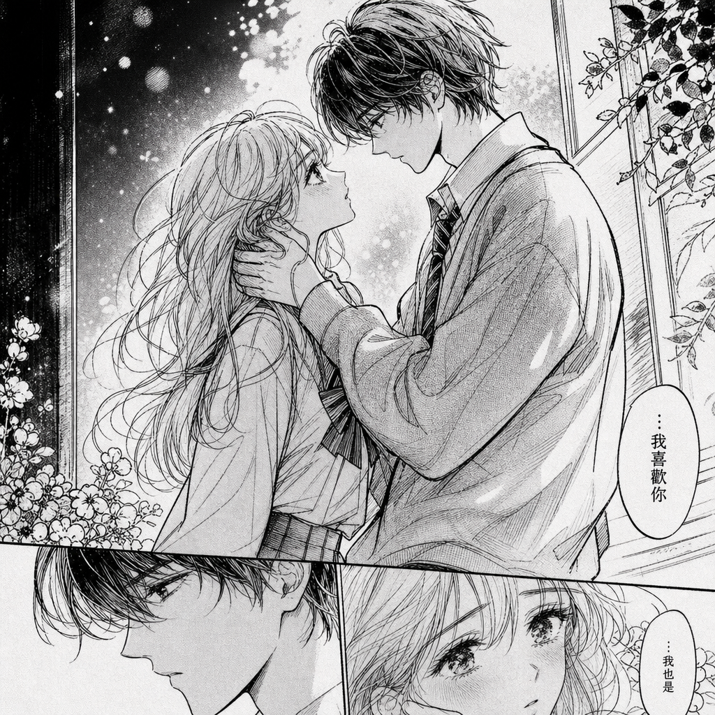 黑白漫画插图，现代少女漫画风格，手绘墨水，G型笔风格线稿，粗细线条变化，略显粗糙的自然笔触，有机的不完美感，网点阴影，传统漫画纹理，情感浪漫的氛围，黑白柔和光影表现，无颜色，无数字绘画感