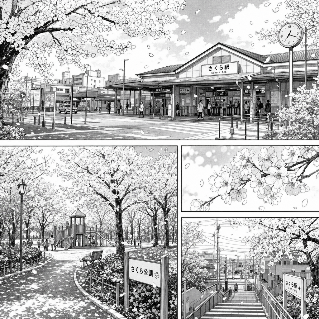黑白插图，漫画用，可使用网点，手绘风格，线条有强弱，地点是车站附近。有樱花树。有公园。