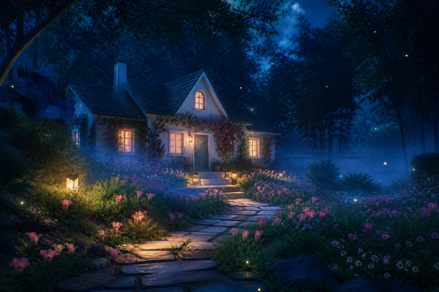 A charming single-story white cottage with a pitched shingle roof and a small cozy attic window, nestled in a quiet suburban night garden. Blooming pink climbing roses cover the whitewashed exterior walls and frame the doorway. Wide-angle shot composition with a lush foreground of pink flowers and soft foliage, where a gentle stone path leads toward the midground house. Deep mystical indigo and midnight blue atmosphere with soft glowing ground mist hovering across the garden. Warm golden lantern light softly illuminates the stone pathway and spills from the cozy windows, contrasting with the cool blue moonlight. Delicate glowing fireflies and light motes float in the misty air. Stylized 3D cinematic environment art, Octane render style, tranquil and magical nocturnal mood, rich depth of field.