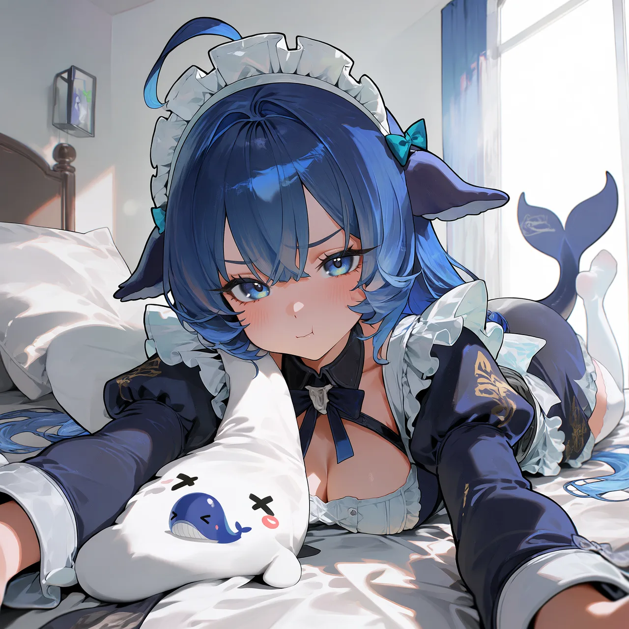 cleavage, chokopaii style, 1girl, solo, deepseek, pov, lying on bed, head resting on pillow, shoulders against mattress…
