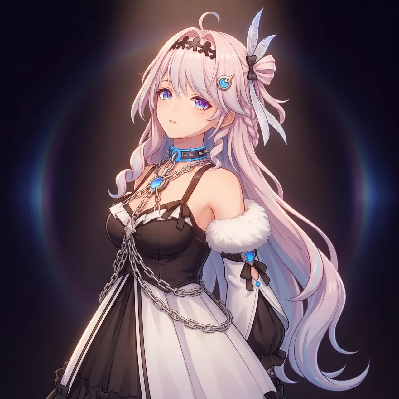 anime-inspired 3D render, pale pink with streaks of light blue long, wavy, with bangs and side braids, adorned with hair clips and feathered accessories hair, blue eyes, fair skin, slim, petite, wearing black and white gothic-lolita inspired dress with fur trim around the shoulders, a high blue collar with a jeweled pendant, chains across the chest, and a white skirt with black trim, with feathered hair accessories, blue collar with a crystal pendant, ornate chains, decorative headpiece resembling interconnected paper dolls or stick figures, unique headpiece resembling paper dolls or stick figures, striking blue and purple eyes, pale pink hair with colored streaks, detailed ornate jewelry and chains, color palette: pinks, blues, black, white, gold accents. A slim, petite young woman with long, wavy pale pink hair streaked with light blue. Her hair is styled with bangs and side braids, adorned with feathered accessories and a unique headpiece resembling interconnected paper dolls or stick figures. She has fair skin and striking blue eyes. She wears a black and white gothic-lolita inspired dress featuring fur trim around the shoulders, a high blue collar with a jeweled pendant, and ornate chains across the chest. Her accessories also include feather hair decorations and a blue spiked collar with a gem.
鸣潮|达妮娅, 穿着黑色小礼裙, 优雅地转身, 全身像, 略带仰视角度, 柔和的聚光灯打在身上, 背景有微弱的光晕, 营造一种神秘而迷人的氛围