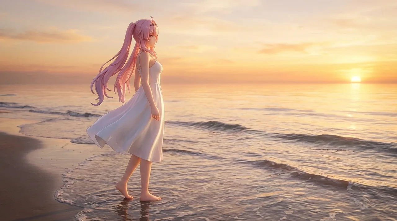 anime, detailed, somewhat gothic and whimsical, pink long, wavy, with bangs and side pieces framing the face, styled in twin tails hair, pink eyes, fair skin, slender, petite, wearing a white and black layered dress with a ruffled collar, short sleeves, a fitted bodice, and a voluminous skirt with a black lace overlay and blue diamond patterns. A pink sash., with a pink handbag, a white and gold staff with a glowing orb and ribbon accents, red gloves, black heels with ankle straps., long, wavy pink hair styled in twin tails, elaborate gothic lolita-inspired attire with blue accents, a prominent staff with a glowing orb., color palette: pinks, whites, blacks, blues, and gold. A petite anime girl with long, wavy pink hair styled in twin tails. She wears a layered, gothic lolita-inspired black and white dress with blue accents and a pink sash. She carries a white and gold staff with a glowing orb and wears red gloves and black heels.
Denia, wearing a simple white sundress, is walking barefoot along the water's edge on a beach during sunset. The atmosphere is tranquil and beautiful. Generate a photorealistic 3D render, with the camera slightly low, looking up at Denia, capturing her simple white sundress gently billowing in the breeze as she enjoys the serene and beautiful sunset.